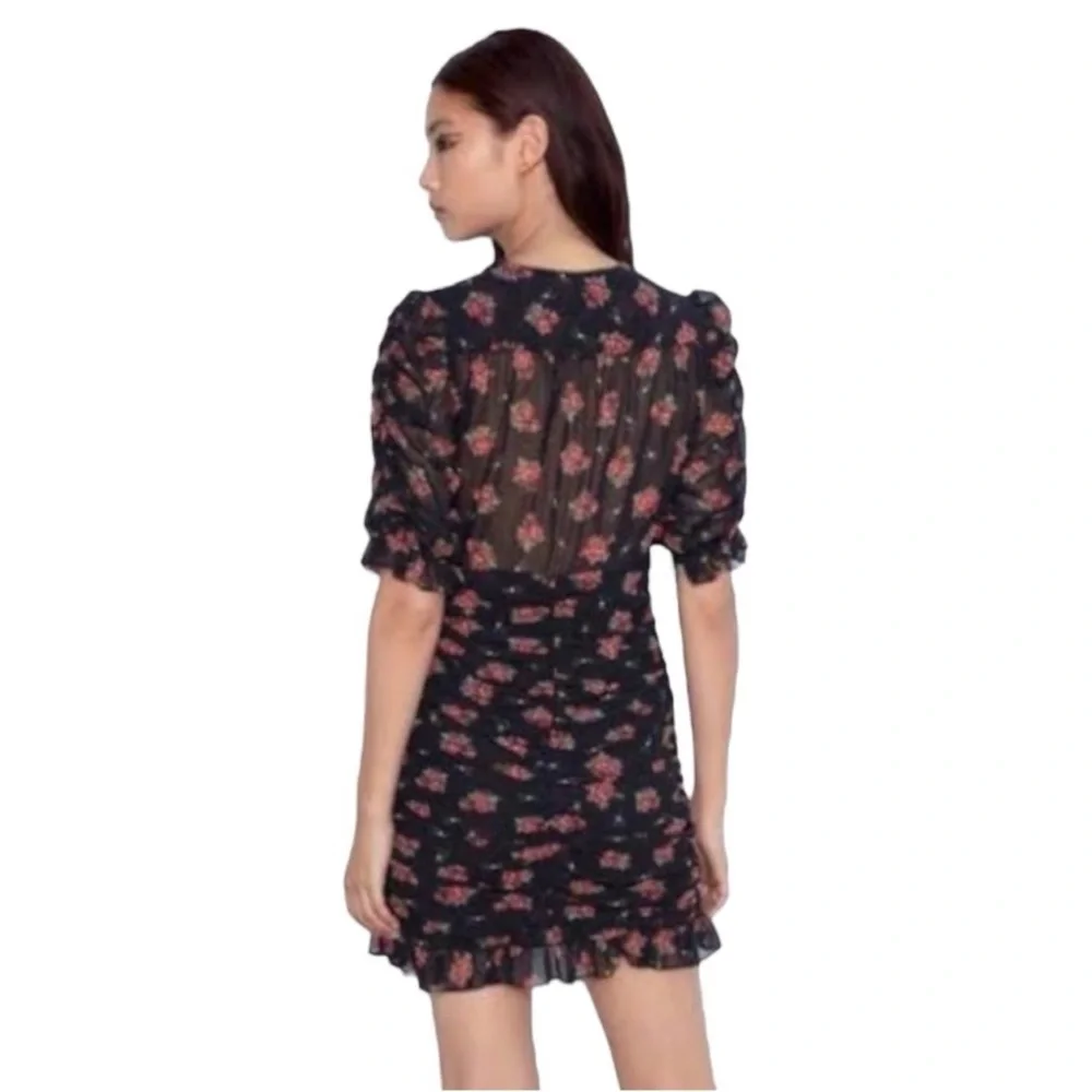 Zara Floral Ruched Mini Dress Mesh Ruffle Plunge V-Neck Puff Sleeve Size Small - Picture 3 of 8